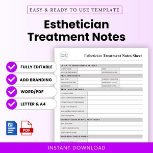 Puede incluir: Una plantilla imprimible de Notas de Tratamiento para Esteticistas con un diseño morado y blanco. La plantilla incluye secciones para detalles del cliente, evaluación de la piel, detalles del tratamiento y notas post-tratamiento. Las palabras "FULLY EDITABLE", "ADD BRANDING", "WORD/PDF" y "LETTER & A4" son visibles.