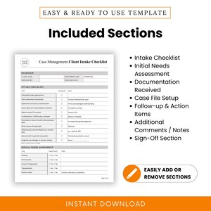 Template preview with bullet list of included sections: Intake Checklist, Needs Assessment, Documentation, Case File Setup, Action Items, Comments, and Sign-Off. Emphasizes editable flexibility.