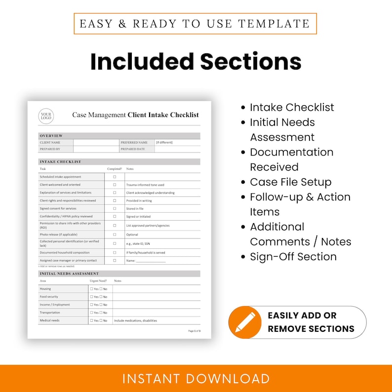 Template preview with bullet list of included sections: Intake Checklist, Needs Assessment, Documentation, Case File Setup, Action Items, Comments, and Sign-Off. Emphasizes editable flexibility.