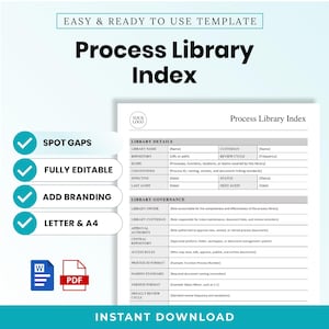 May include: A digital template for a Process Library Index featuring sections for Library Details and Library Governance. The document includes placeholders for names, dates, and roles. Icons for Word and PDF formats are displayed at the bottom.