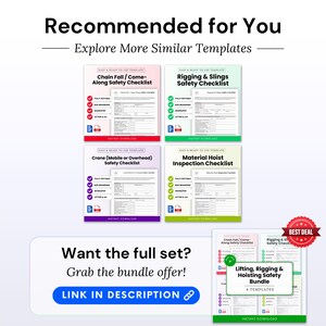 Recommended for you graphic featuring lifting, rigging and hoisting safety checklist templates, including chain fall, rigging slings, crane, and material hoist inspection forms, with a bundle offer callout for construction safety, contractor paperwork, and industrial jobsite documentation.