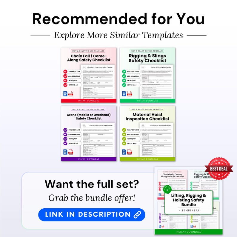 Recommended for you graphic featuring lifting, rigging and hoisting safety checklist templates, including chain fall, rigging slings, crane, and material hoist inspection forms, with a bundle offer callout for construction safety, contractor paperwork, and industrial jobsite documentation.