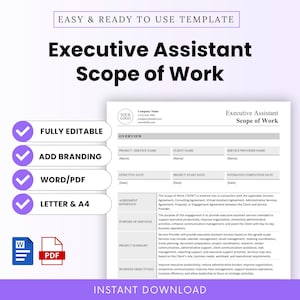 Könnte beinhalten: Eine Vorlage für den Tätigkeitsbereich eines Executive Assistant mit Abschnitten für Projektdetails, Leistungszweck und Geschäftsziele. Das Dokument enthält violette Häkchen-Symbole sowie Textbeschriftungen für bearbeitbare Funktionen, Word, PDF und A4.
