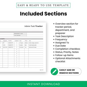 Image detailing each section of the template: tracker overview, task info columns, follow-ups, and attachments. Includes a close-up of the document and a bulleted list on the right. Clean layout with green branding and editing icons.