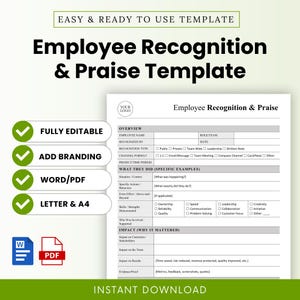 Può includere: Modello bianco e verde per il riconoscimento e l'elogio dei dipendenti. Include campi modificabili, opzioni di branding e formato Word/PDF. Disponibile nei formati Letter e A4. Contiene sezioni per i dettagli dei dipendenti.