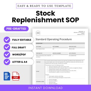 Może przedstawiać: W pełni edytowalny szablon standardowej procedury operacyjnej (SOP) dotyczącej uzupełniania zapasów. Szablon zawiera sekcje dotyczące przeglądu, celu, zakresu i docelowych użytkowników. Dokument jest dostępny w formatach Word i PDF.