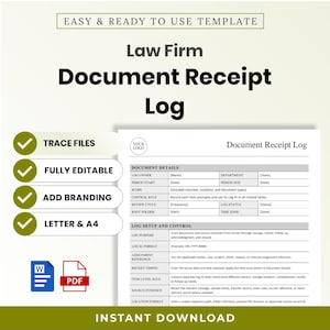 May include: A digital template for a Law Firm Document Receipt Log featuring sections for document details and log setup. The document includes fields for log owner, department, period, and control rules. Icons for Word and PDF formats are visible.