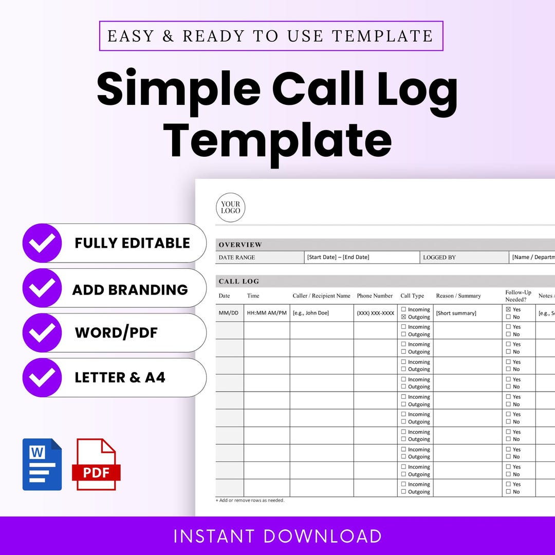 Simple Call Log Template – Word & PDF, A4 + US Letter - Etsy
