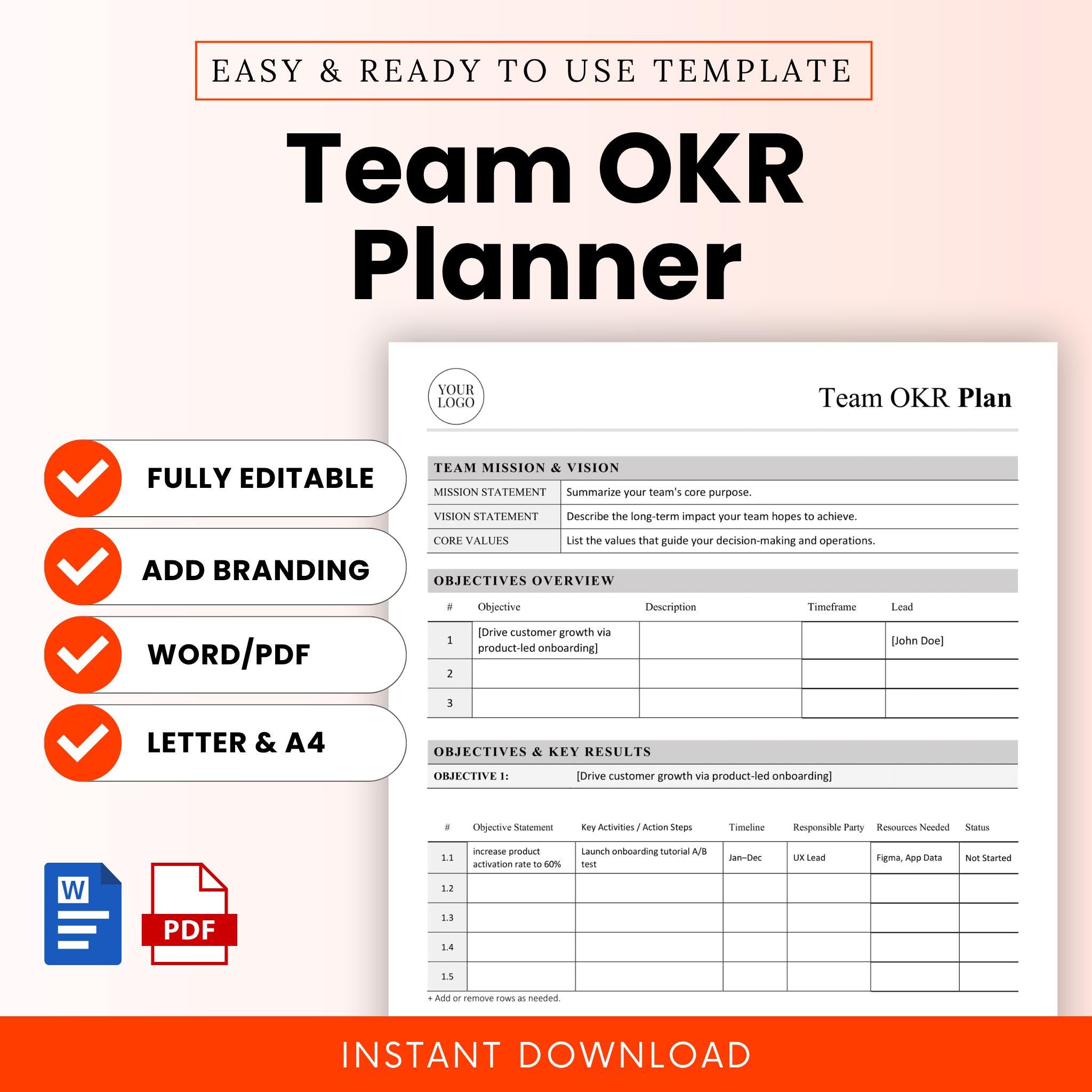 Okr Worksheet.pdf Team OKR Planner Template – Word & PDF, A4 + US Letter - Etsy
