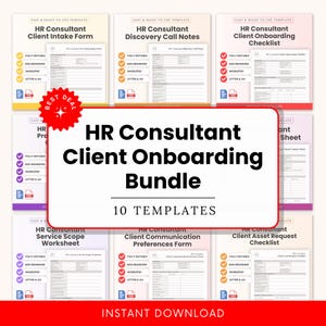 May include: A bundle of 10 HR consultant templates, including forms, checklists, and worksheets. The templates are designed for client onboarding and are fully editable. The image features a red "Best Deal" sticker and the words "Instant Download".