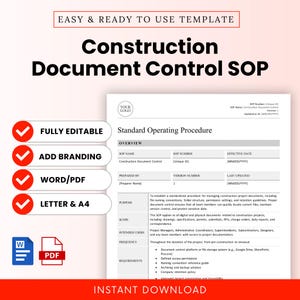 Op de afbeelding: Een wit document getiteld "Construction Document Control SOP" met rode vinkjes naast "Volledig bewerkbaar", "Merk toevoegen", "Word/PDF" en "Letter & A4". Het document bevat een logo-placeholder en de woorden "Direct downloaden".