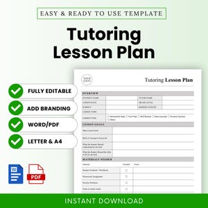 Puede incluir: Una plantilla de plan de lección de tutoría en blanco y gris, con el título "Tutoring Lesson Plan" en letras negras grandes. La plantilla incluye secciones para la información del estudiante, los objetivos de la lección y los materiales necesarios. Totalmente editable y disponible en formatos Word/PDF.