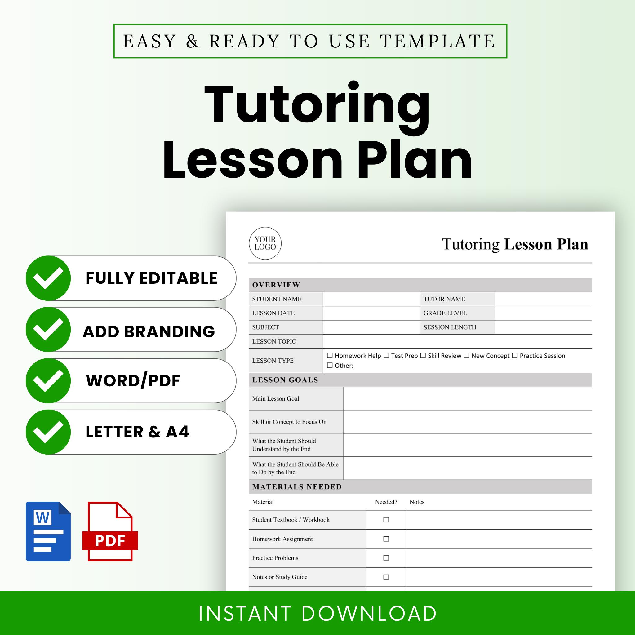 Tutoring Lesson Plan Template – Word & PDF, A4 + US Letter - Etsy