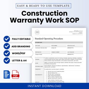Peut inclure: Document blanc intitulé "Construction Warranty Work SOP" avec des coches bleues à côté de "Entièrement modifiable", "Ajouter une marque", "Word/PDF" et "Lettre & A4". Le document comprend une section pour un logo d'entreprise et est disponible en téléchargement instantané.