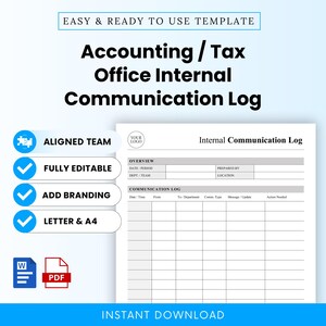 Pode incluir: Um modelo digital para um registo de comunicação interna de escritório de contabilidade ou fiscal. O documento apresenta secções para detalhes gerais e uma tabela de registo de comunicação com colunas para data, hora, remetente, destinatário, tipo, mensagem e ação necessária.