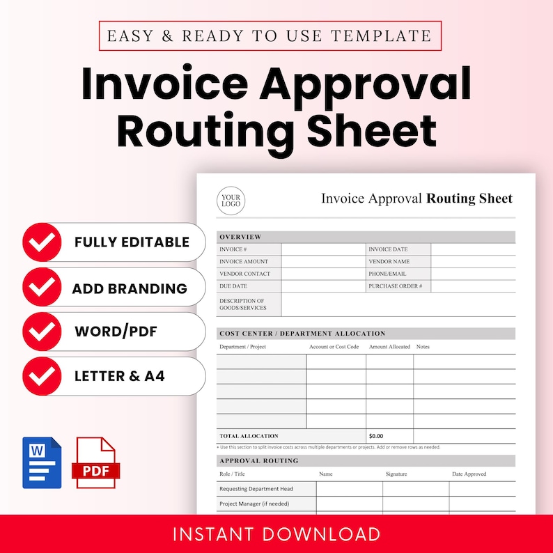 Invoice Approval Routing Sheet Template – Word & PDF, A4 + US Letter ...