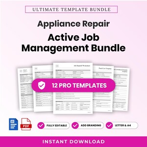 Può includere: Un pacchetto di modelli per la gestione dei lavori di riparazione di elettrodomestici con 12 modelli professionali in formato Word e PDF. I documenti includono fogli di consegna del lavoro e liste di controllo, modificabili in A4.