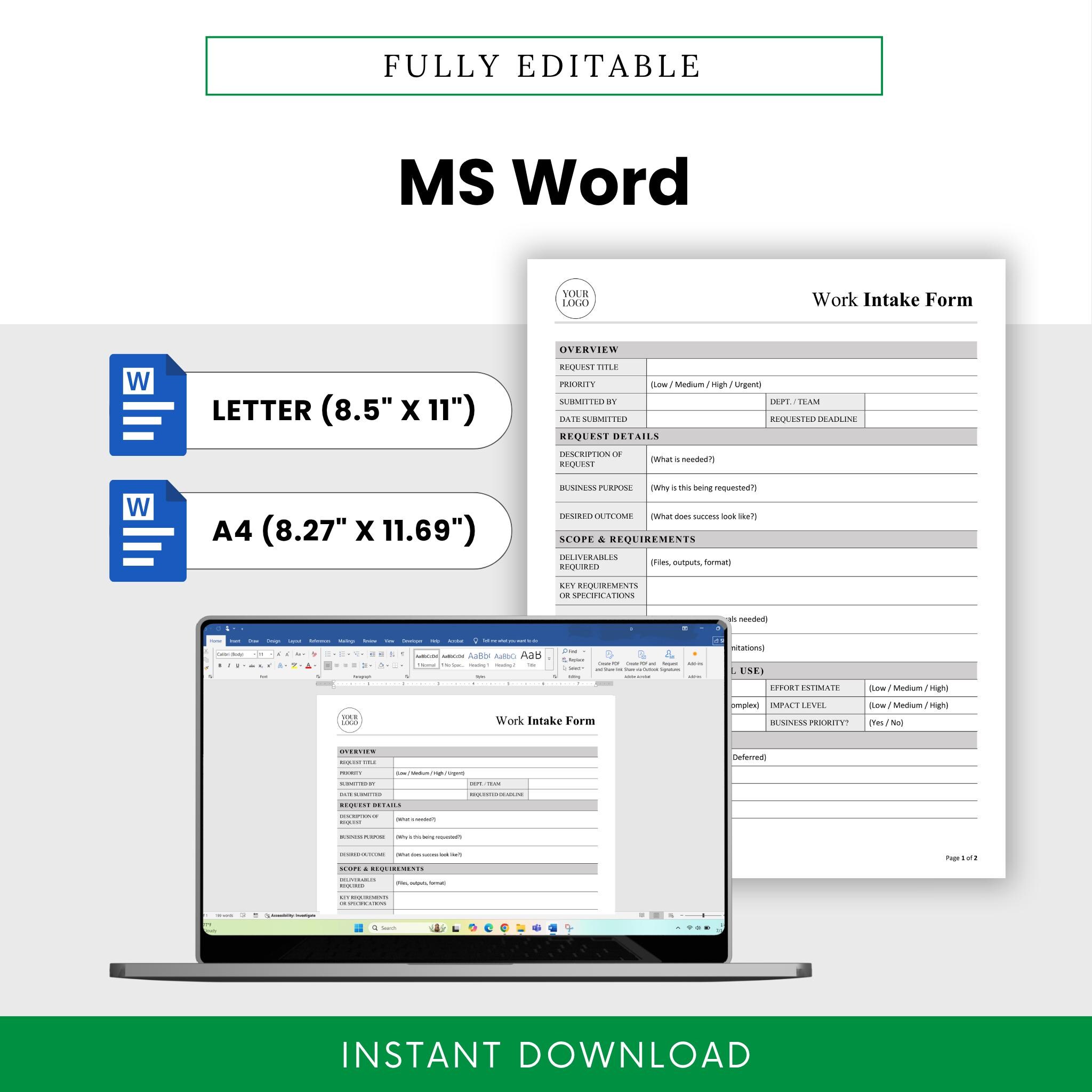 Simple Work Intake Form Template – Word & PDF, A4 + US Letter - Etsy