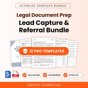 May include: A digital template bundle featuring the text ULTIMATE TEMPLATE BUNDLE, Legal Document Prep, Lead Capture & Referral Bundle, and 21 PRO TEMPLATES. Includes document previews for SOPs, contact forms, and proposals in Word and PDF formats.