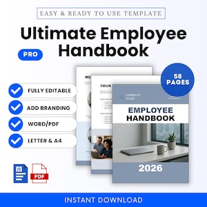 Puede incluir: Plantilla digital de manual del empleado con un diseño azul y blanco. La portada dice "Employee Handbook 2026" e incluye el texto "Fully Editable", "Add Branding", "Word/PDF" y "Letter & A4".