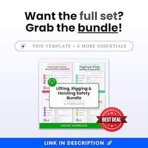 Bundle promotion image for lifting, rigging and hoisting safety templates highlighting this checklist plus 3 more essential inspection forms, including crane safety, material hoist, chain fall, and rigging slings checklists, printable Word and PDF digital download for construction and workplace safety.