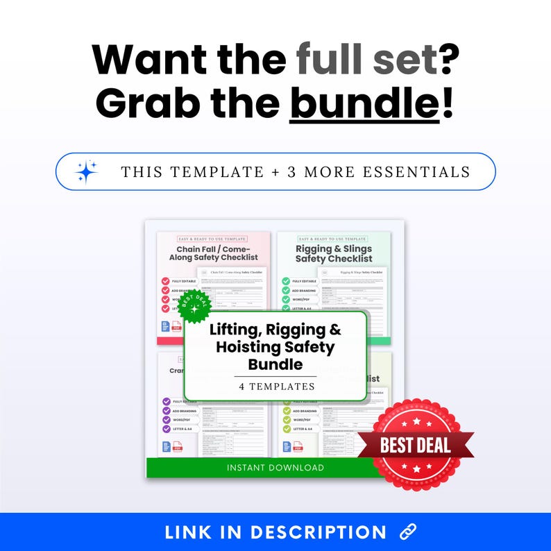 Bundle promotion image for lifting, rigging and hoisting safety templates highlighting this checklist plus 3 more essential inspection forms, including crane safety, material hoist, chain fall, and rigging slings checklists, printable Word and PDF digital download for construction and workplace safety.
