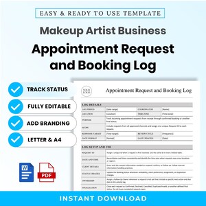 Makeup Artist Business Appointment Request and Booking Log Template – Editable Word + PDF (A4, US Letter)