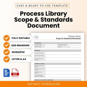 May include: A document template titled "Process Library Scope & Standards Document" with a white background. Features include "Fully Editable," "Add Branding," "Word/PDF," and "Letter & A4." The document includes sections for overview, purpose, and library scope.