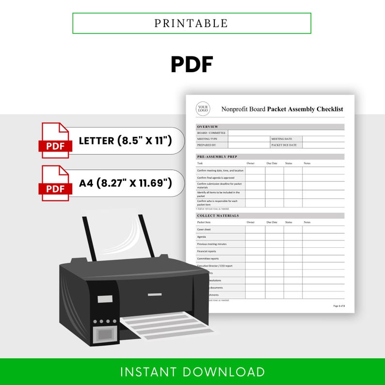 Nonprofit Board Packet Assembly Checklist Template – Word & PDF, A4 ...