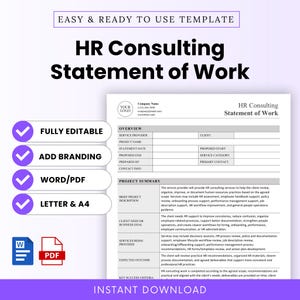 May include: An HR Consulting Statement of Work template document featuring sections for project overview, summary, and success criteria. The document includes placeholders for company branding, contact info, and service details, available in Word and PDF formats.