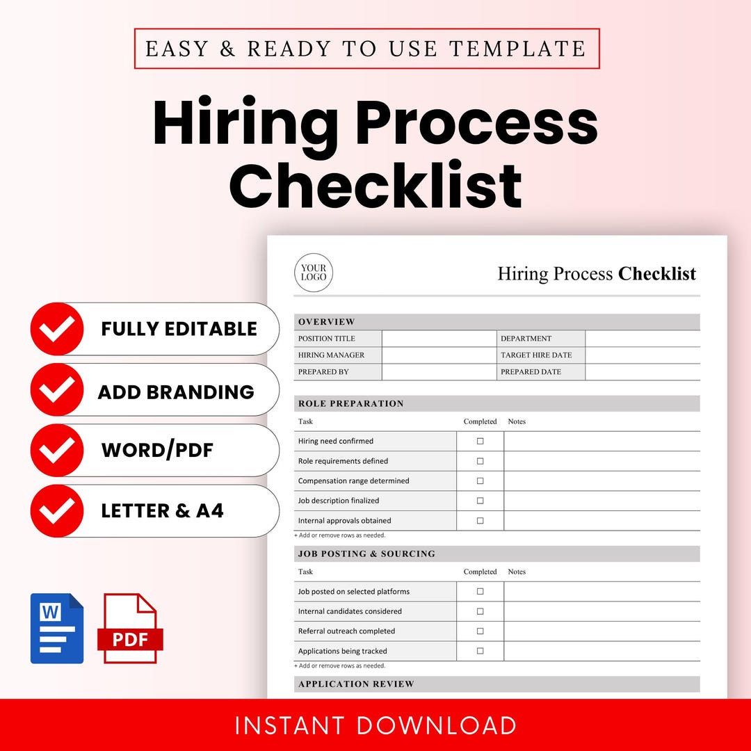 Hiring Process Checklist Template – Word & PDF, A4 + US Letter - Etsy