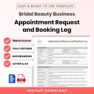 Bridal Beauty Business Appointment Request and Booking Log Template – Editable Word + PDF (A4, US Letter)