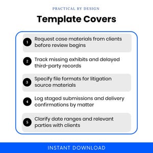 Litigation support use cases for requesting client case materials, tracking missing exhibits and third-party records, specifying source file formats, logging staged submissions, and clarifying date ranges.