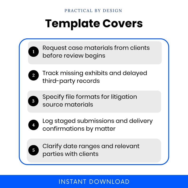 Litigation support use cases for requesting client case materials, tracking missing exhibits and third-party records, specifying source file formats, logging staged submissions, and clarifying date ranges.