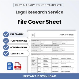 May include: A digital template for a Legal Research Service File Cover Sheet. The document includes sections for File Details and Key Contacts with fields for names, organizations, and dates. Icons for Word and PDF formats are included.