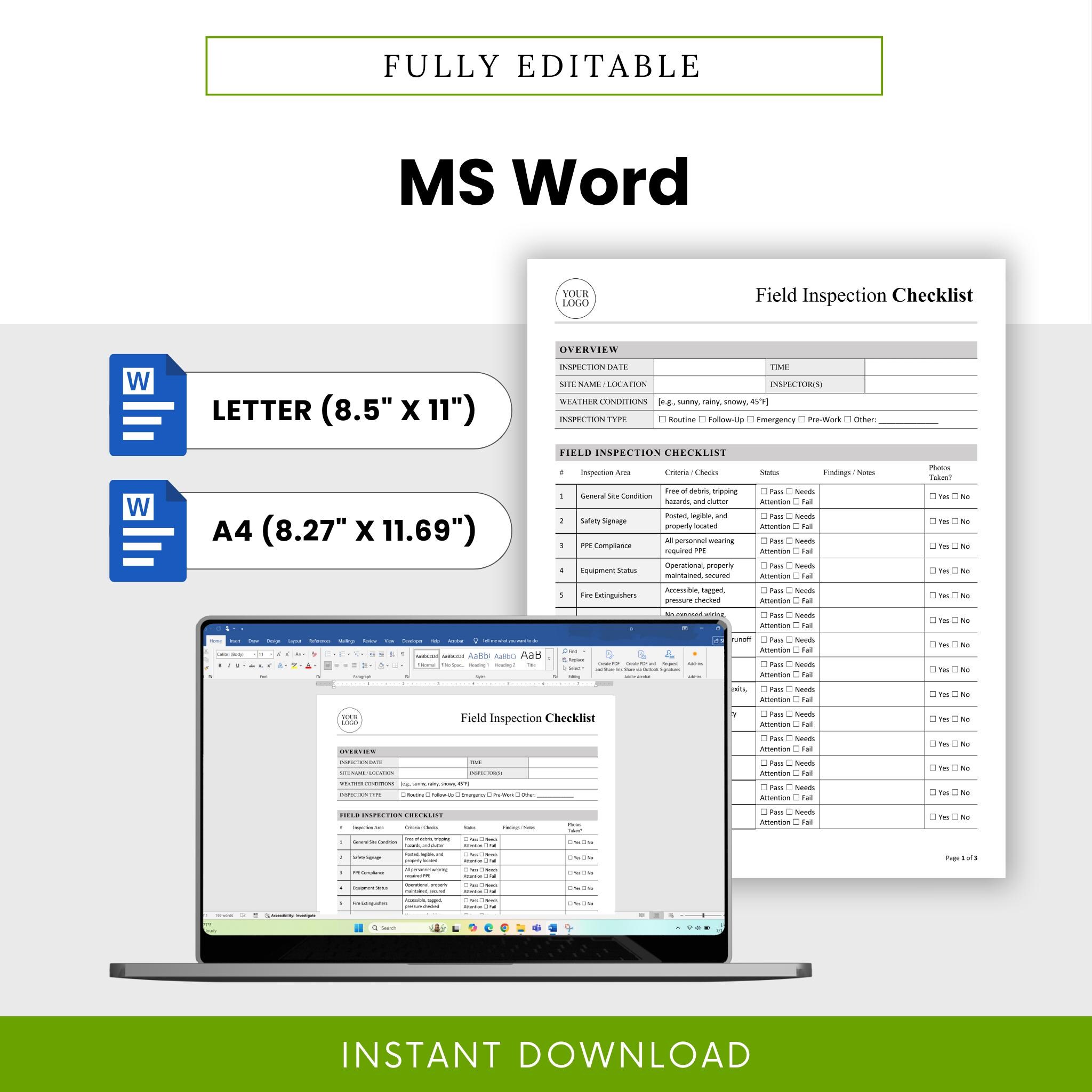 Field Inspection Checklist Template – Word & PDF, A4 + US Letter - Etsy UK