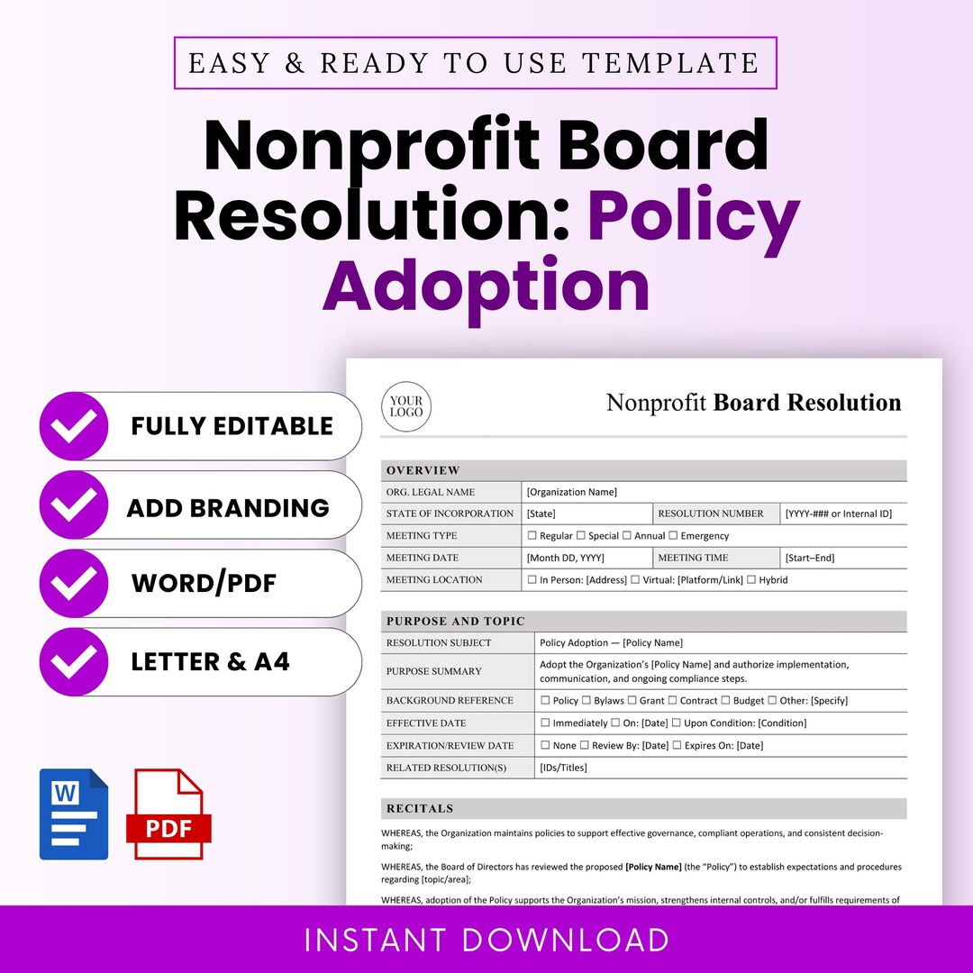 Problem Resolution Board Nonprofit Board Resolution Template: Policy Adoption – Word & PDF, A4 ...