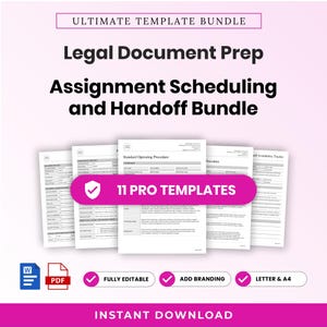 May include: A digital bundle of 11 professional legal document templates for assignment scheduling and handoff. The set includes Word and PDF files, fully editable, customizable for branding, and available in Letter and A4 sizes for instant download.
