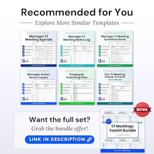 Recommended for you promo graphic showcasing manager 1:1 meeting templates—1:1 meeting agenda, meeting notes log, questions bank, action items tracker, employee coaching plan, and pre-1:1 check-in form—with callout to grab the full toolkit bundle (editable Word + printable PDF, instant download).