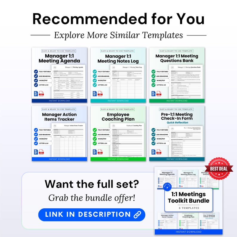 Recommended for you promo graphic showcasing manager 1:1 meeting templates—1:1 meeting agenda, meeting notes log, questions bank, action items tracker, employee coaching plan, and pre-1:1 check-in form—with callout to grab the full toolkit bundle (editable Word + printable PDF, instant download).