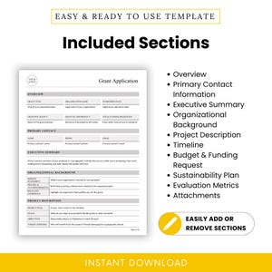 Graphic listing all template sections such as Primary Contact, Organizational Background, and Evaluation Metrics alongside a page preview. Clean design focuses on simplicity and full customization.
