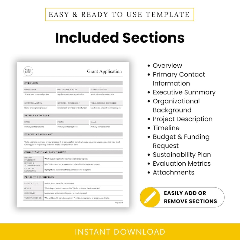 Graphic listing all template sections such as Primary Contact, Organizational Background, and Evaluation Metrics alongside a page preview. Clean design focuses on simplicity and full customization.
