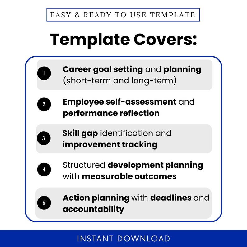 career development plan template features including goal setting, self assessment, skill gap tracking, employee performance reflection worksheet, professional growth planning tool