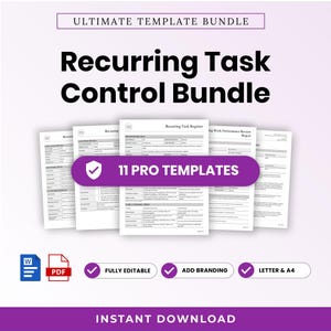 以下が含まれることがあります： Ultimate Template BundleおよびRecurring Task Control Bundleと題されたデジタルドキュメントバンドルで、11種類のプロフェッショナルテンプレートが含まれています。ドキュメントには、タスク登録やパフォーマンス評価のための表が含まれており、Word、PDF、チェックマークのアイコンが表示されています。