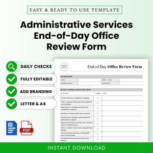 Op de afbeelding: Een sjabloon voor een administratief end-of-day kantoorbeoordelingsformulier. Het document bevat secties voor overzicht, datum, afdeling en dagelijkse operationele beoordeling met selectievakjes. Inclusief Word- en PDF-pictogrammen, plus tekstlabels voor dagelijkse controles, volledig bewerkbaar, branding toevoegen en letter- en A4-formaten.