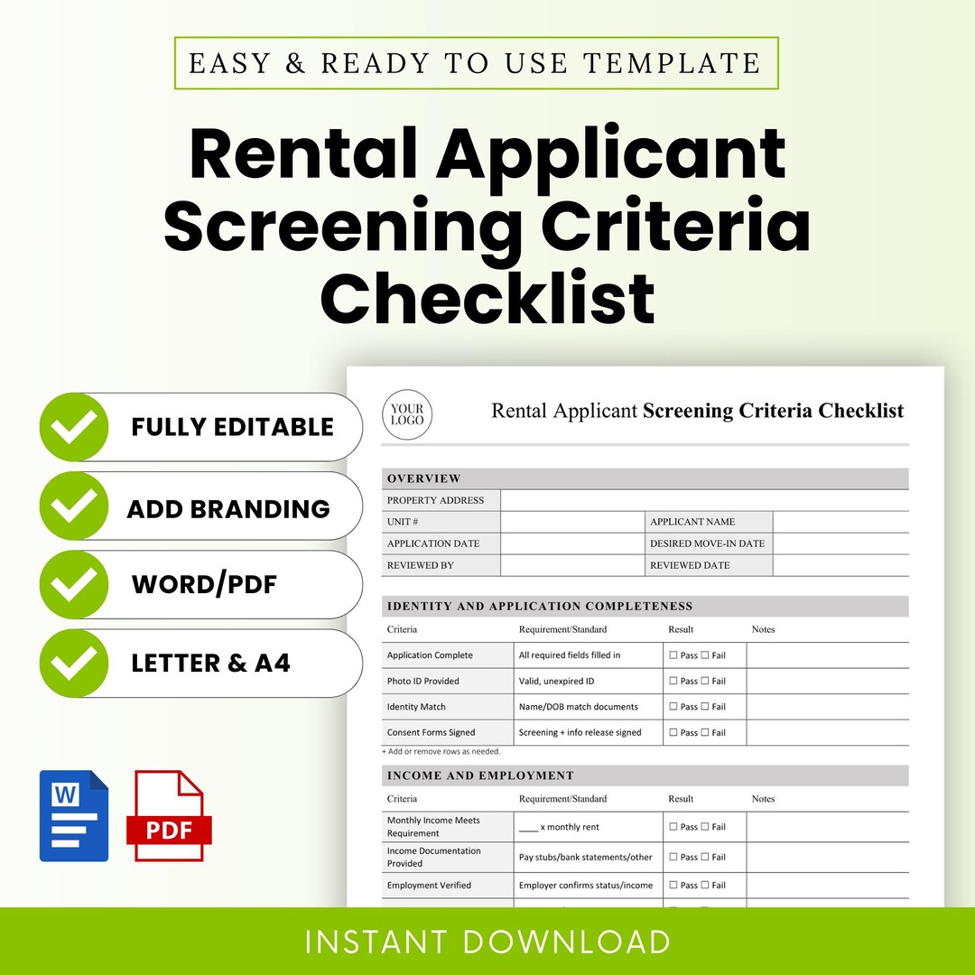 Rental Applicant Screening Criteria Checklist Template – Word & PDF, A4 ...