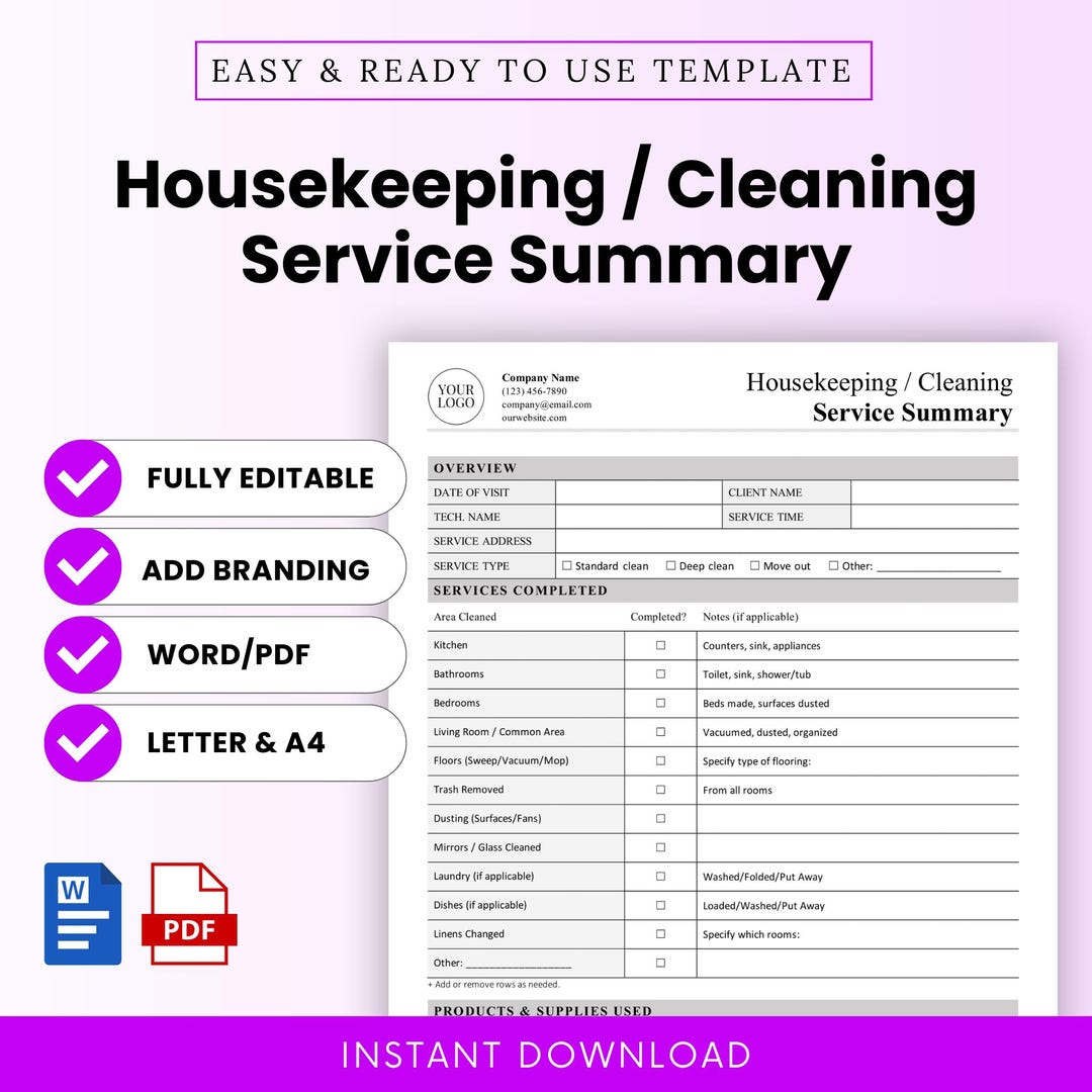 Housekeeping / Cleaning Service Summary Template – Word & PDF, A4 + US ...