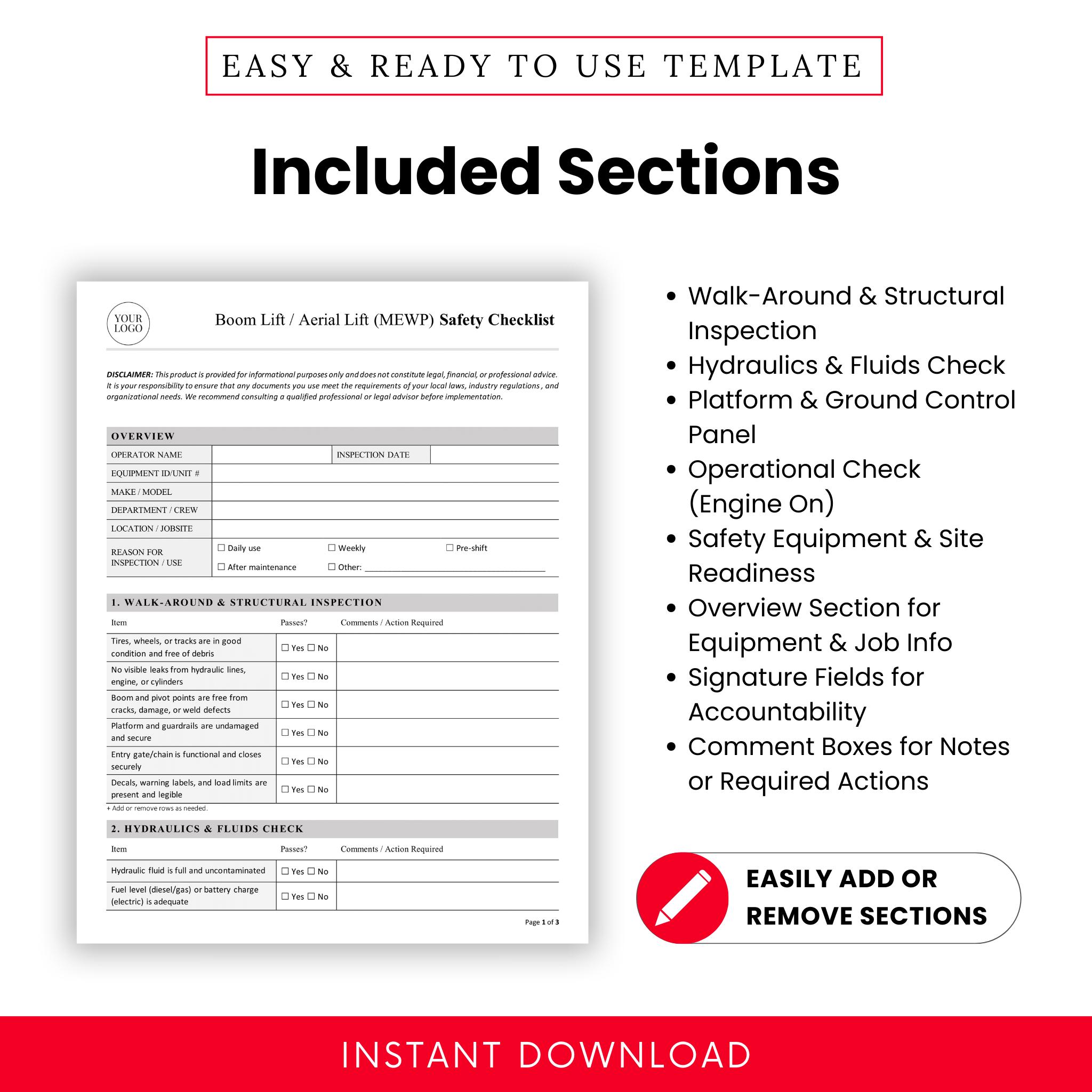 Mewp Rescue Checklist.pdf Boom Lift / Aerial Lift (MEWP) Safety Checklist Template – Word & PDF ...