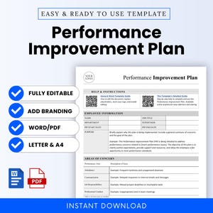 Performance Improvement Plan (MS Word, pdf) | Simple HR Template Office, Employee PIP, Employee Performance Review | Editable Business Form