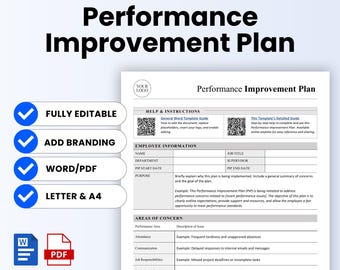 Performance Improvement Plan (MS Word, pdf) | Simple HR Template Office, Employee PIP, Employee Performance Review | Editable Business Form